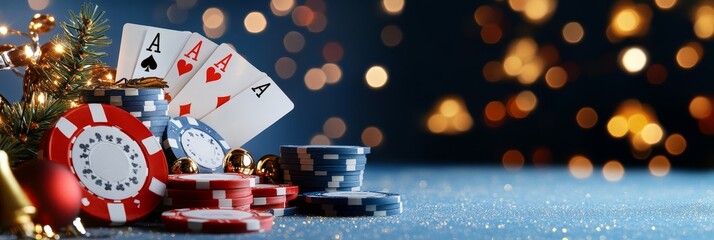 Festive Casino Night - Poker chips and playing cards rest near a Christmas tree, creating a festive gambling scene. Perfect for holiday promotions