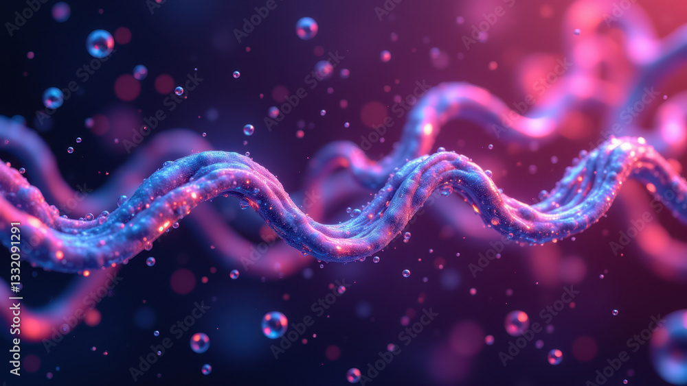 Poster stylized representation of dna strands with a futuristic look set against a dynamic background.
