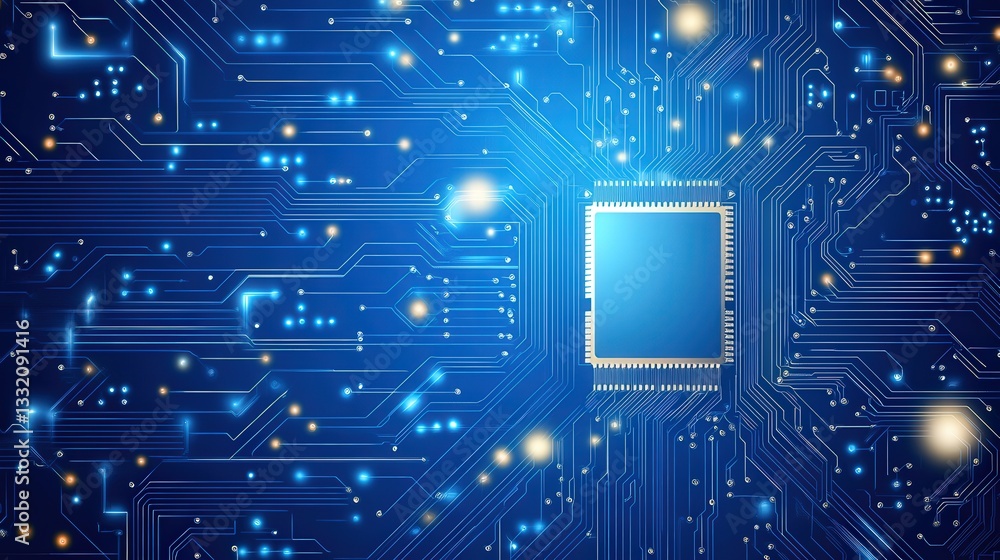 Poster a vibrant blue circuit board featuring a central processor, illuminated by glowing lights and intric