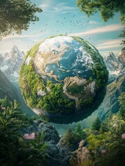 Earth Globe Covered in Forest Hovering Above a Mountain Landscape Scene