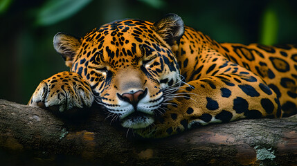 Obraz premium Majestic Rest: A majestic jaguar lies peacefully on a thick tree branch, its distinctive spotted coat and piercing eyes conveying a sense of untamed beauty and serenity. The lush.