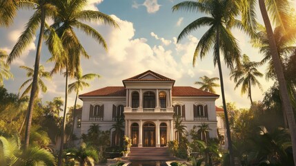 A grand tropical mansion surrounded by lush green palm trees