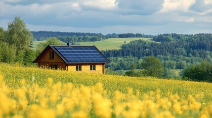 Fototapeta premium Eco-friendly house with solar panels in a yellow flower field.