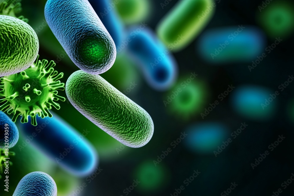 Poster microscopic view of bacteria and viruses floating in a dark environment