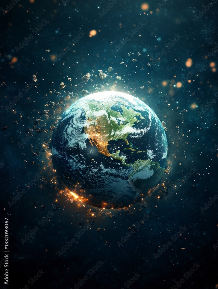 Aufkleber earth with asteroids in space realistic render science and exploration