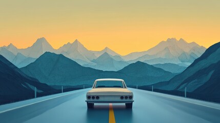 Naklejka premium Vintage Car on Open Road with Mountains Under Sunset Sky