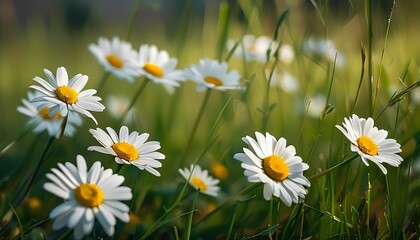 Fototapeta premium Daisies blooming in lush green field nature photography tranquil environment close-up view floral beauty