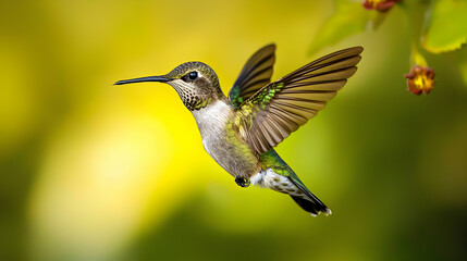 Hummingbird Hovering with Wings Extended Near Green Plant with Yellow Background