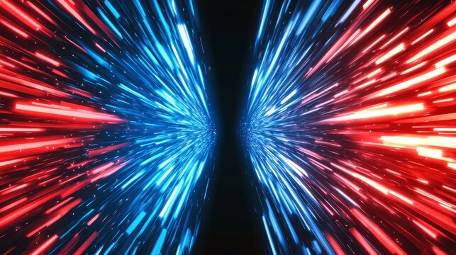 Dynamic abstract background with intersecting red and blue light rays creating an energetic and futuristic visual effect. Concept of motion, energy, and digital technology in vector illustration
