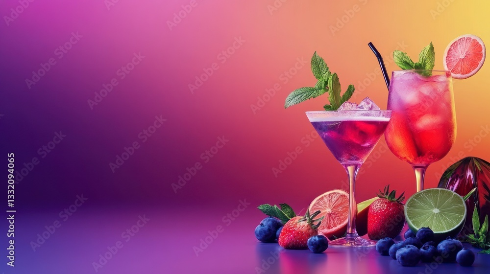 Poster serving colorful cocktails with berries and citrus on a gradient background