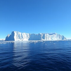 A massive iceberg floating on the deep blue ocean water