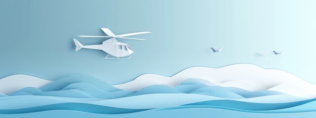 White Helicopter Flying Over Abstract Layered Blue Landscape