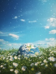 Earth Globe Resting in Field of Daisies Under a Starry Sky