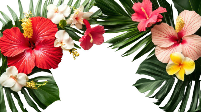 Tropical flowers and palm leaves creating a vibrant border on transparent background