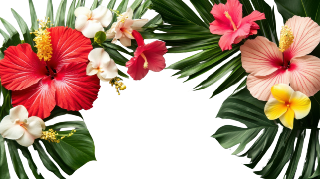 Tropical flowers and palm leaves creating a vibrant border on transparent background