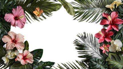 Tropical frame of hibiscus and orchid flowers with palm leaves on transparent background