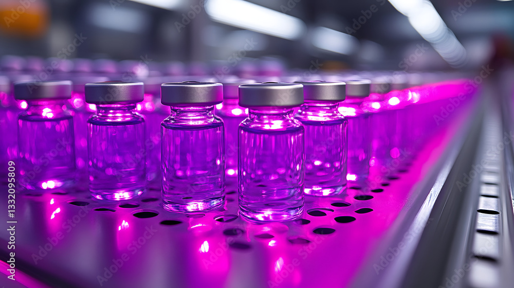 Poster innovation in healthcare: a close-up shot of precisely arranged vials in a laboratory, capturing the