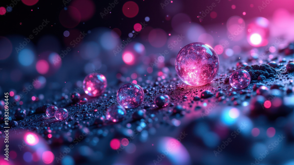Poster a close-up view of a spherical molecule against a blurred backdrop with other particles, highlightin