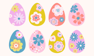 Simple minimalist flowers Easter eggs vector illustrations set. Cute colorful floral eggs