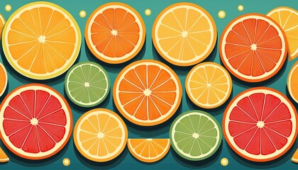 Fototapeta premium Energetic and fresh vector illustration displaying juicy citrus slices in a bold and vibrant color palette, forming a crisp and modern geometric pattern