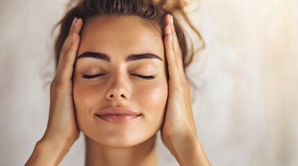 Fototapeta premium A beautiful woman with closed eyes holds her head gently