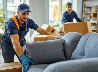 Movers carefully positioning sofa in new apartment during relocation process