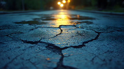 Urban Decay: The cracked asphalt of a deserted city road reflects the warm glow of streetlights, creating a stark contrast between the man-made and the elements.