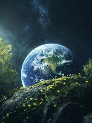 Curtains Earth View From Lush Hillside at Night with Stars and Nebula