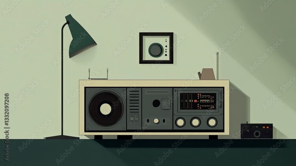 Poster retro radio sits on a shelf with a lamp and framed artwork in a minimalist room.