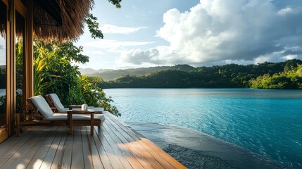 Summer travel experience with sustainable eco retreat. A serene tropical retreat featuring a wooden deck overlooking a tranquil blue ocean, surrounded by lush greenery and peaceful clouds.