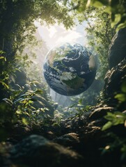 Earth Globe Floating Amidst Lush Forest Greenery a Natural Ecosystem Concept