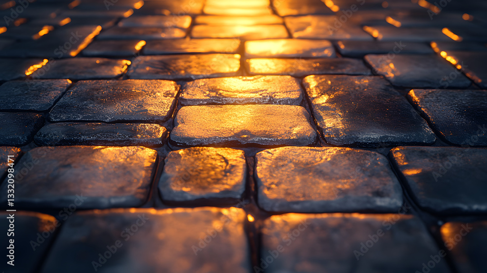 Poster pathway of golden light: a captivating perspective of a cobblestone path, bathed in a warm, ethereal