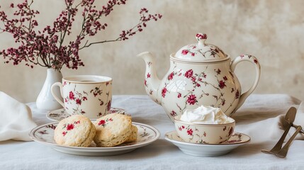 Charming vintage-inspired tea time setup with floral tea cup, scones, and fresh cream, perfect for a relaxing afternoon