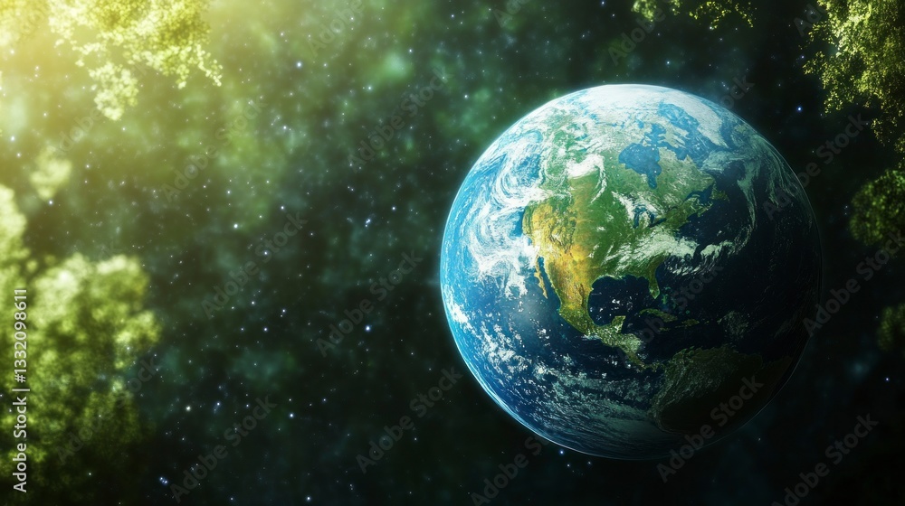 Poster earth view from space with forest trees and glowing light effect