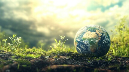 Earth Globe on Green Grass with Sprouts and Bright Sky