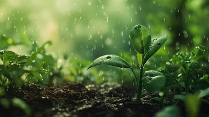 Growing Plant in Rain Showers with Fresh Green Leaves and Soil
