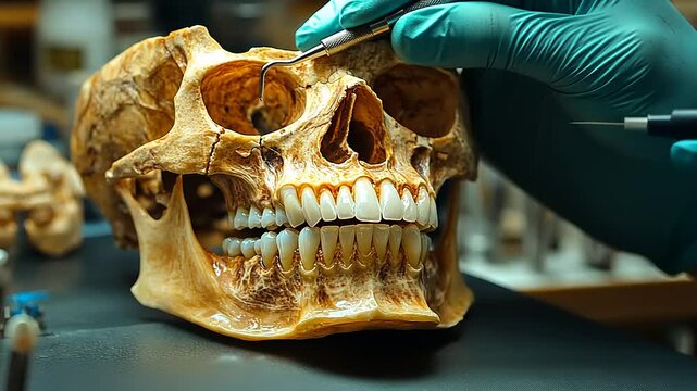 Detailed examination of a human skull in a lab
