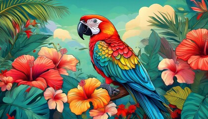 Exotic and vibrant image of a colorful parrot perched on a tropical branch amidst a profusion of beautiful hibiscus flowers, a true celebration of nature's beauty