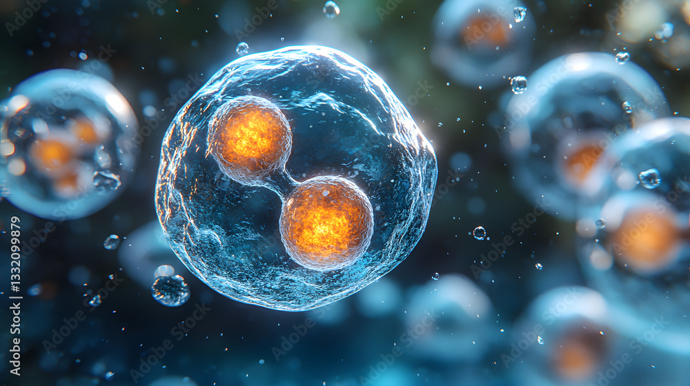 Poster dividing cells: an abstract, hyperrealistic depiction of dividing cells. this image reveals intricat