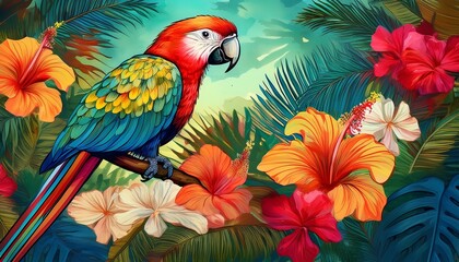 Obraz premium Exotic and vibrant image of a colorful parrot perched on a tropical branch amidst a profusion of beautiful hibiscus flowers, a true celebration of nature's beauty