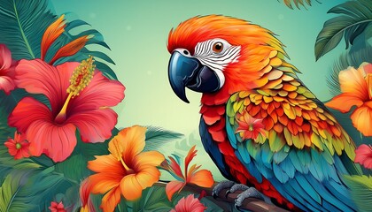 Obraz premium Exotic and vibrant image of a colorful parrot perched on a tropical branch amidst a profusion of beautiful hibiscus flowers, a true celebration of nature's beauty