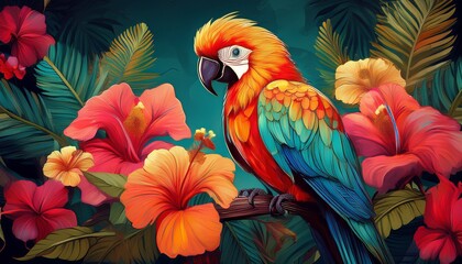 Obraz premium Exotic and vibrant image of a colorful parrot perched on a tropical branch amidst a profusion of beautiful hibiscus flowers, a true celebration of nature's beauty