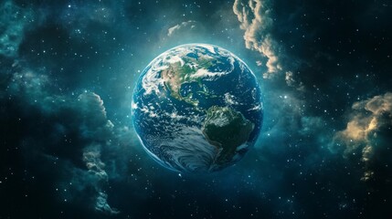 Earth Planet View From Space with Stars and Clouds Background