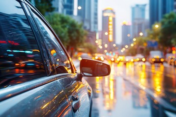 rideshare backseat. Car reflection in wet city streets during a rainy evening.