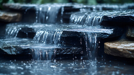 Cascading Serenity: A tranquil miniature waterfall, composed of tiered dark stones, gracefully pours water into a reflective pool. The image captures the fluidity and freshness of nature.