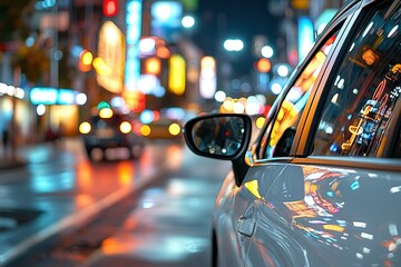 rideshare backseat. Cityscape at night with a car reflecting neon lights.