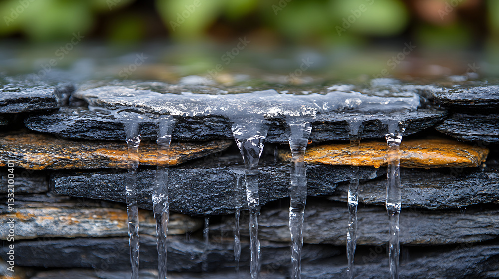 Poster water cascade on stone: a close-up of a captivating waterfall cascading down a textured stone wall, 