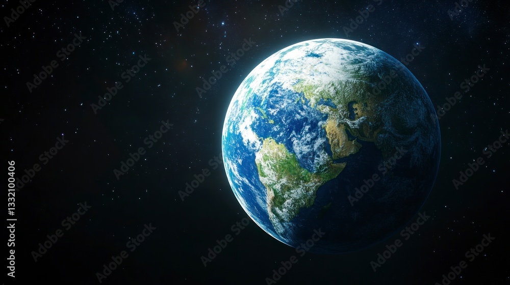 Poster earth rotating in space with visible continents and starry background
