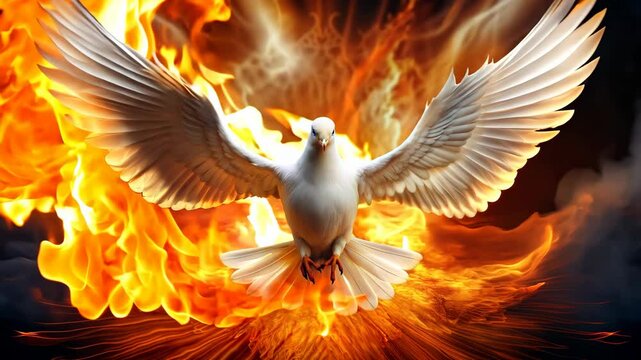 Holy Spirit dove soaring with open wings amid fire flames 4K