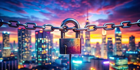 Steel Chain Link Lock Double Exposure Stock Photo - Security Concept